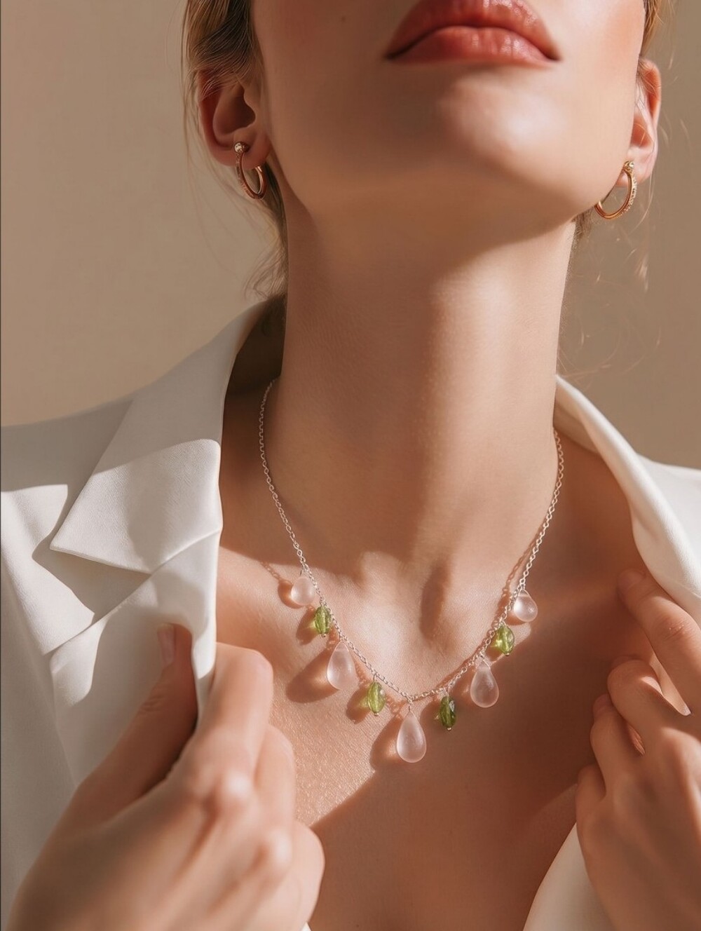 Briolette Rose Quartz 15x19mm and Peridot 925 Sterling Silver Necklace 18"